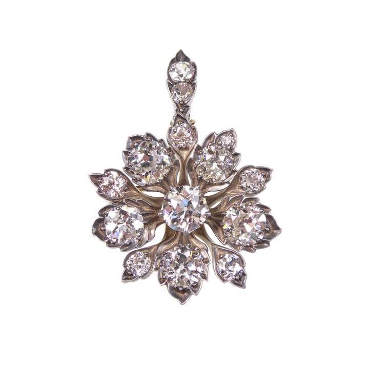 Diamond flowerhead cluster pendant-brooch of stylised dianthus design